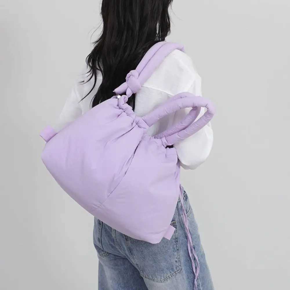 Solid Color Drawstring Tote Bag Quilted Knotted Strap Nylon Padded Tote Bag Large Capacity Dualpurpose Puffer Backpack ShoppingW251028
