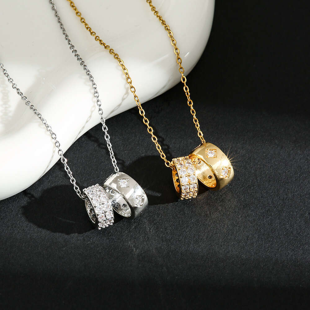 Korean Version Simple Sparkling Dia Carved Round Pendant Titanium Steel Necklace for Women Versatile Personality Ins Style Trend Collarbone Chain