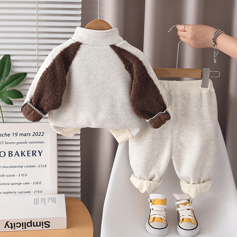 Free Shipping 2025 Boys Winter 2-Piece Set, Fleece-Lined Half-Zip Hoodie Outfit, Fashion Thermal Clothing for Toddler Boys