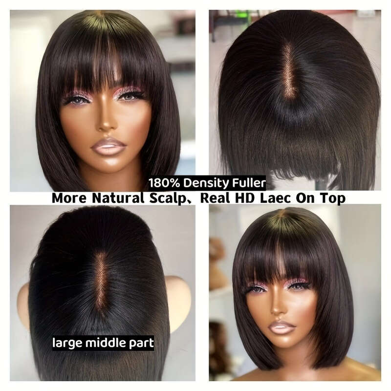 180% 4X1 HD Lace Short Straight Human Hair Glueless Wig Natural Color With Bangs Brazilian Remy Put On Go Bob Wigs For Women