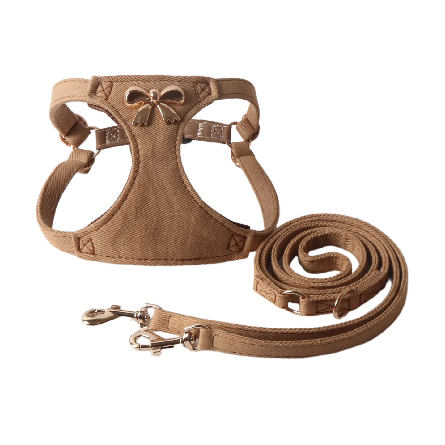 Denim Style Pet Harness Leash Set with Metal Bowknot, Adjustable & Durable,Fashionable Walking Gear, Comfortable Pet Vest Harness with Leash for Small