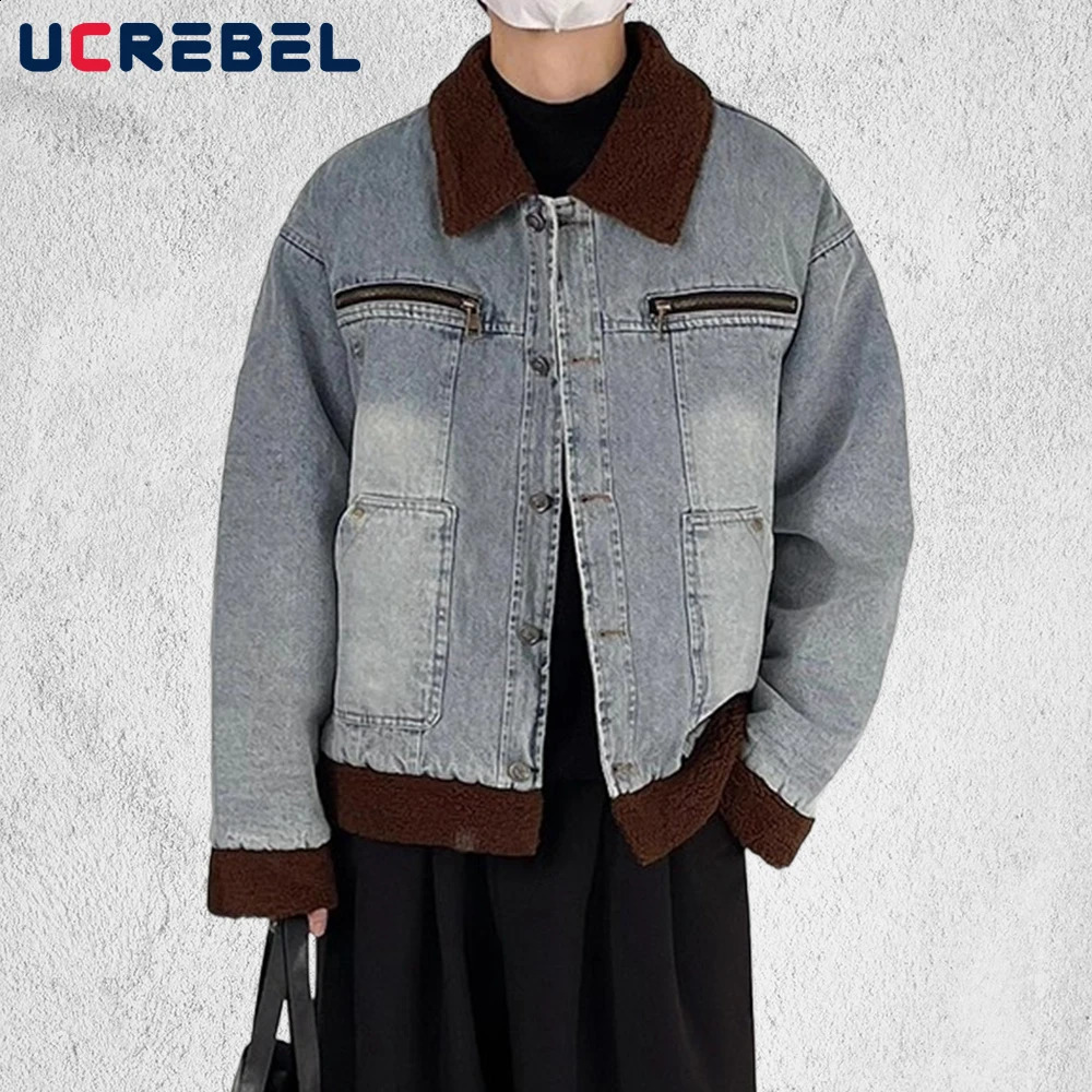 Sherpa Spliced Denim Padded Jacket Mens Pocket Winter High Street Washed Distressed Lapel Long Sleeve Thick Outerwear Man 251017