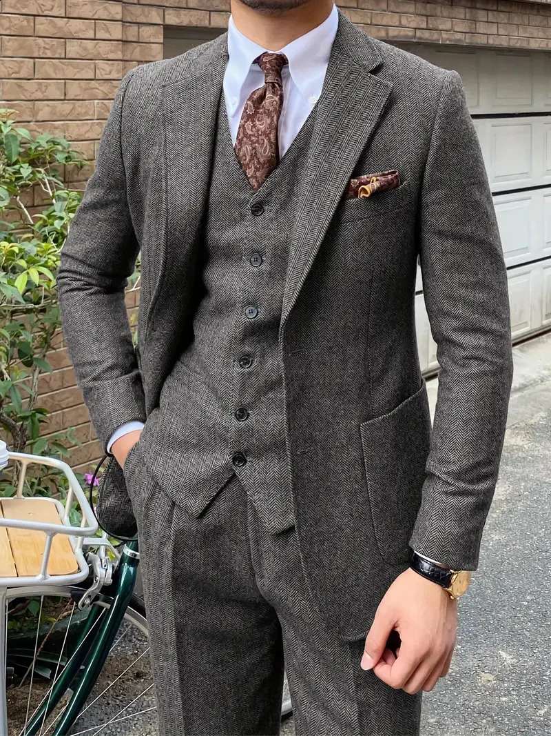 Elegant 3pcs Mens Tweed Suits Wool Blend Herringbone Western Vintage Wedding Formal Events JacketVestPants 251027