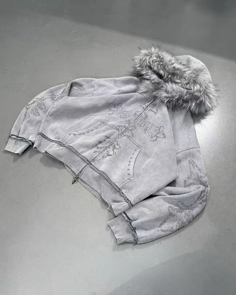 American high street gray cross fluff women men hoodie Y2K personality fashion casual top clothing oversized loose sweatshirt 251027