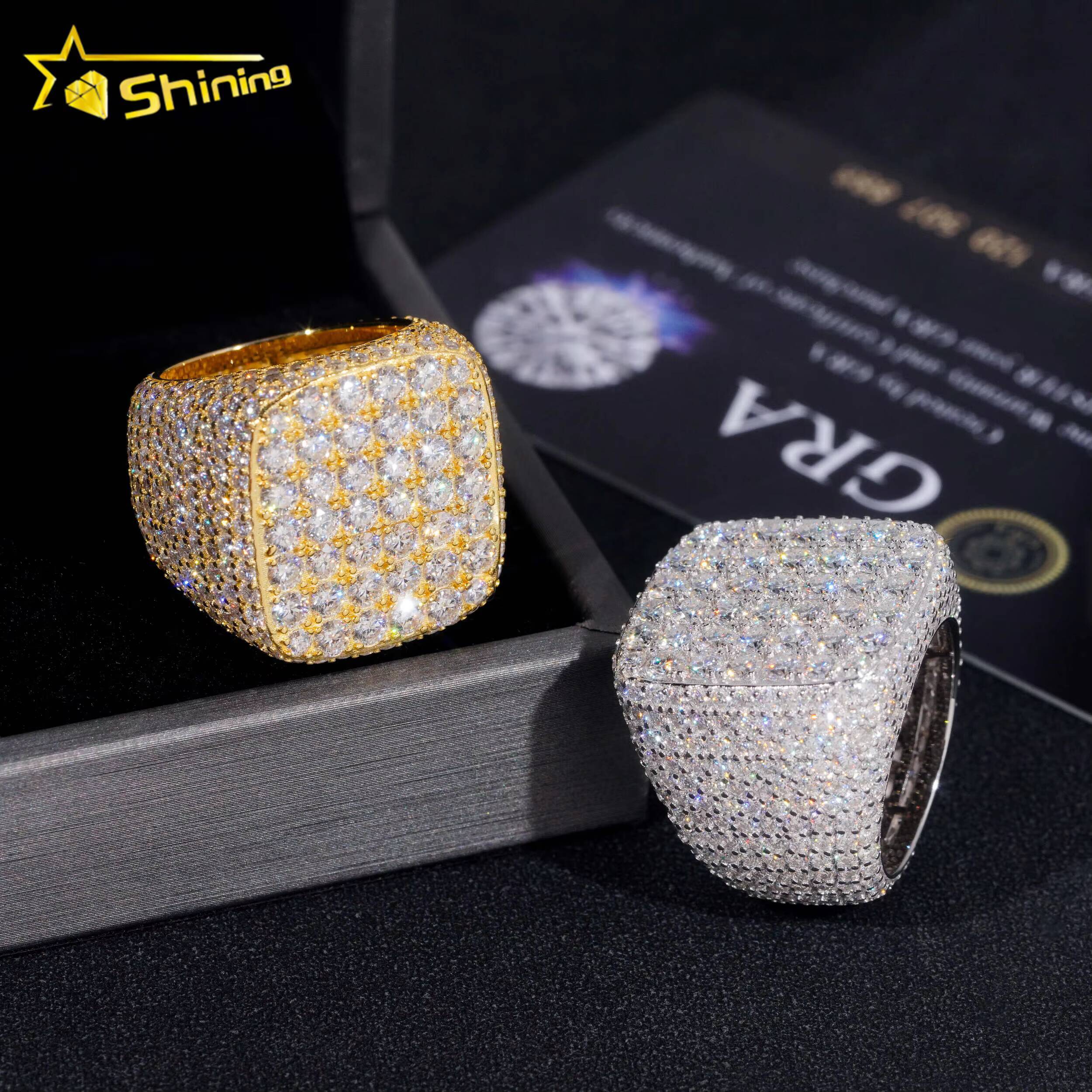 Gold Plated Moissanite Diamond 925 Sterling Silver Hip Hop Ring Iced Out Fully Moissanite Mens Rings Ready to Ship