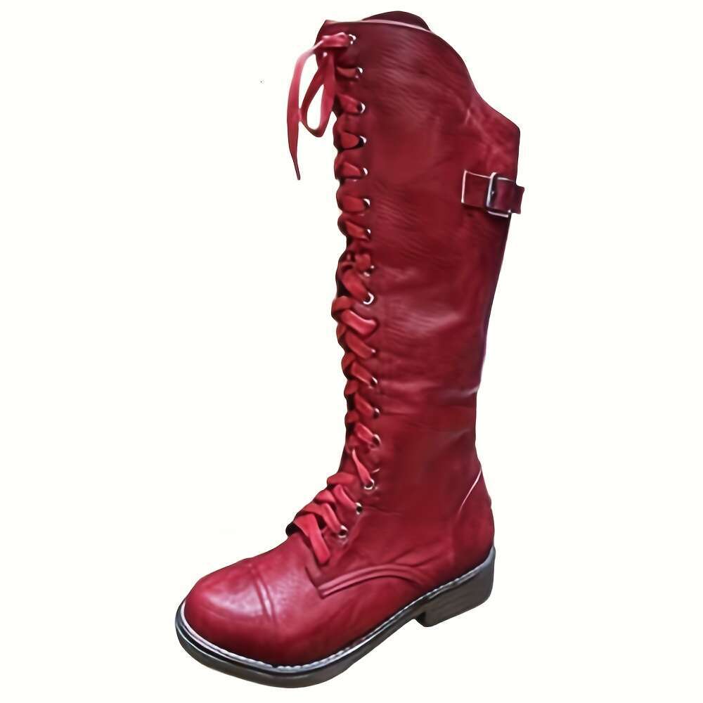 Women's Knee-High Slouch Lace-Up Opening, Low Heel Round Toe Faux Cover All-Season Zipper Closure Cushioned Insole Red/Black/Brown Western Dress,