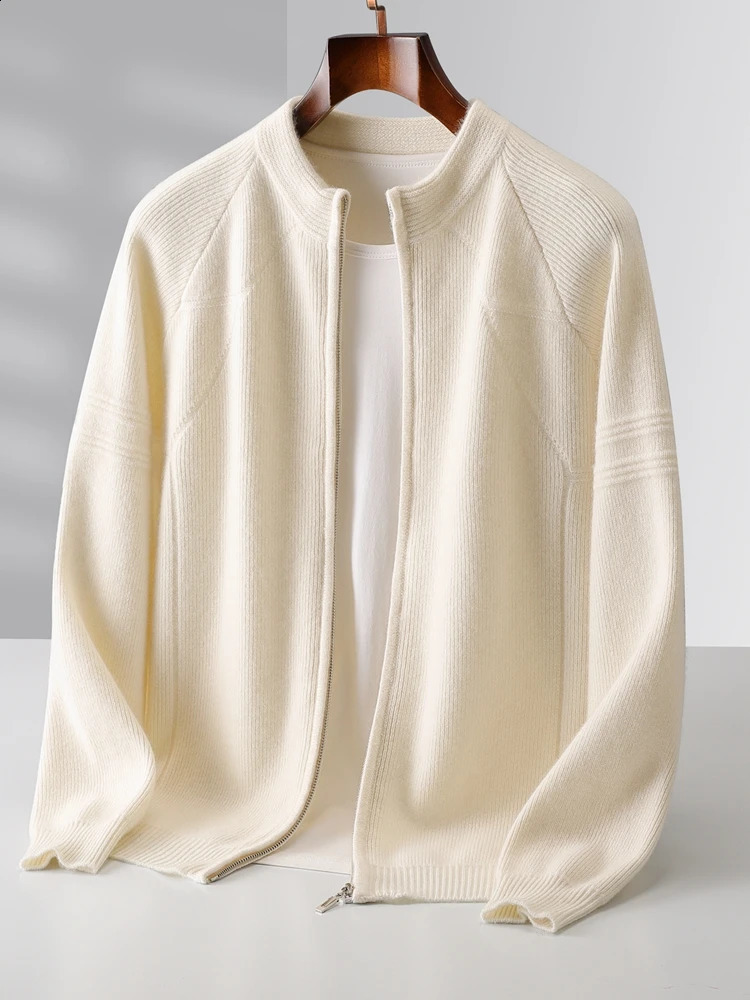 Chic 100 Merino Wool Knitted Sweater Autumn Winter Heavyweight Mens Cardigan Crewneck Coat Mock Neck Tops 251017