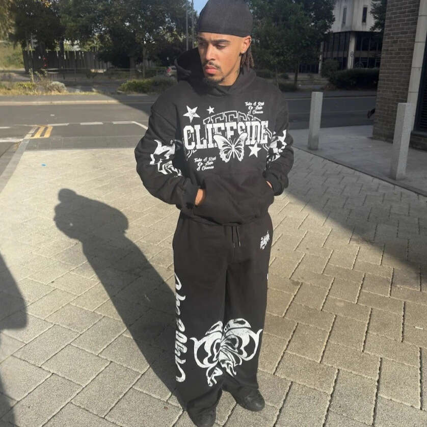 Unique Butterfly Letter Print Vintage Loose Hoodie and Straight Casual Sweatpants