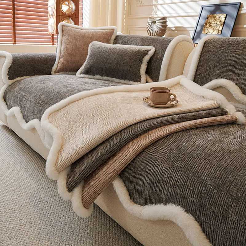 Thick Chenille Wave Striped Sofa Cushion Portable DirtResistant Seat Cushion with Long Furry Edges Cozy Warm Sofa Towel Blanket C251028