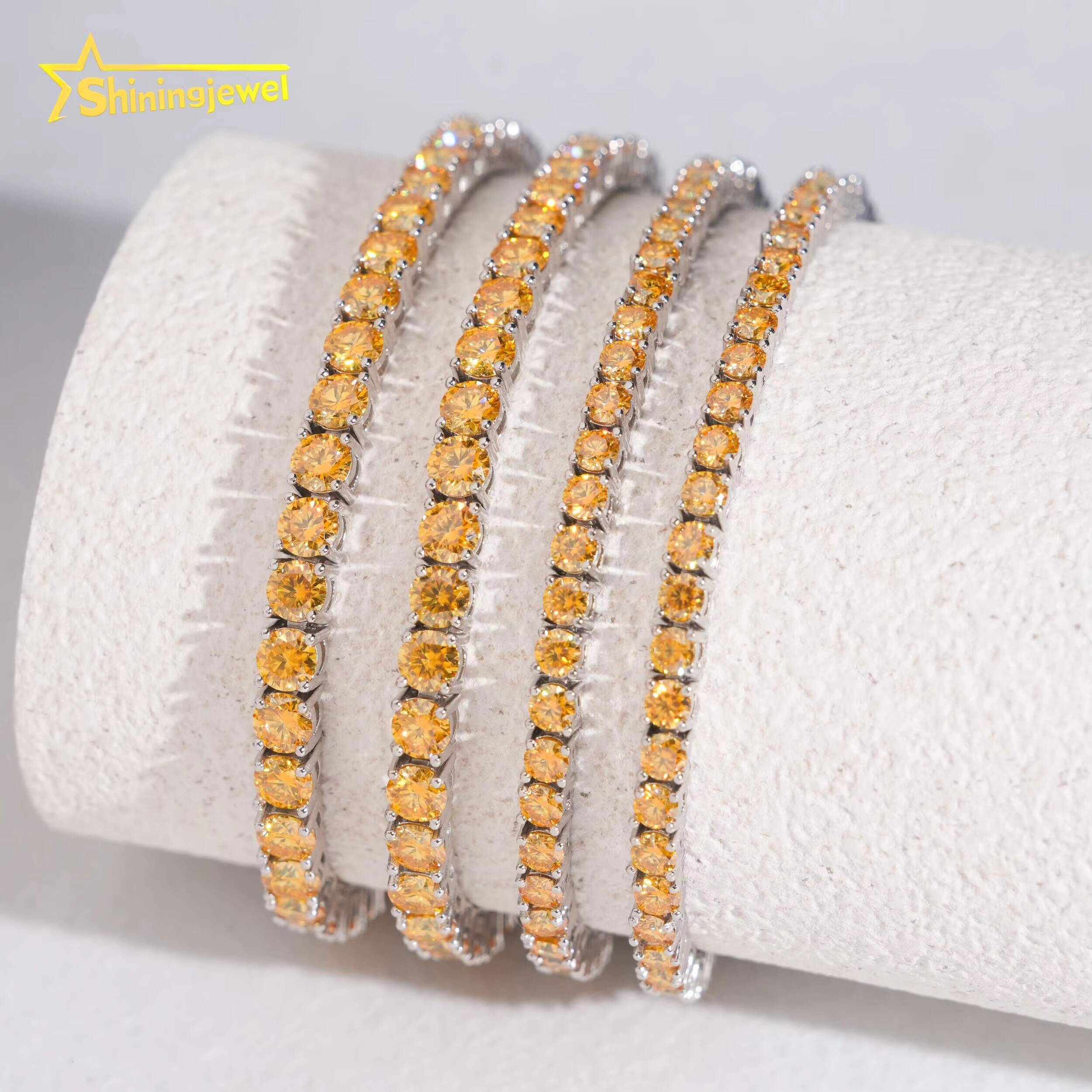 New Arrival 3mm 4mm Yellow Gold Moissanite Diamond Tennis Necklace 925 Silver Fashion Jewelry Hip Hop Tennis Chains Bracelet