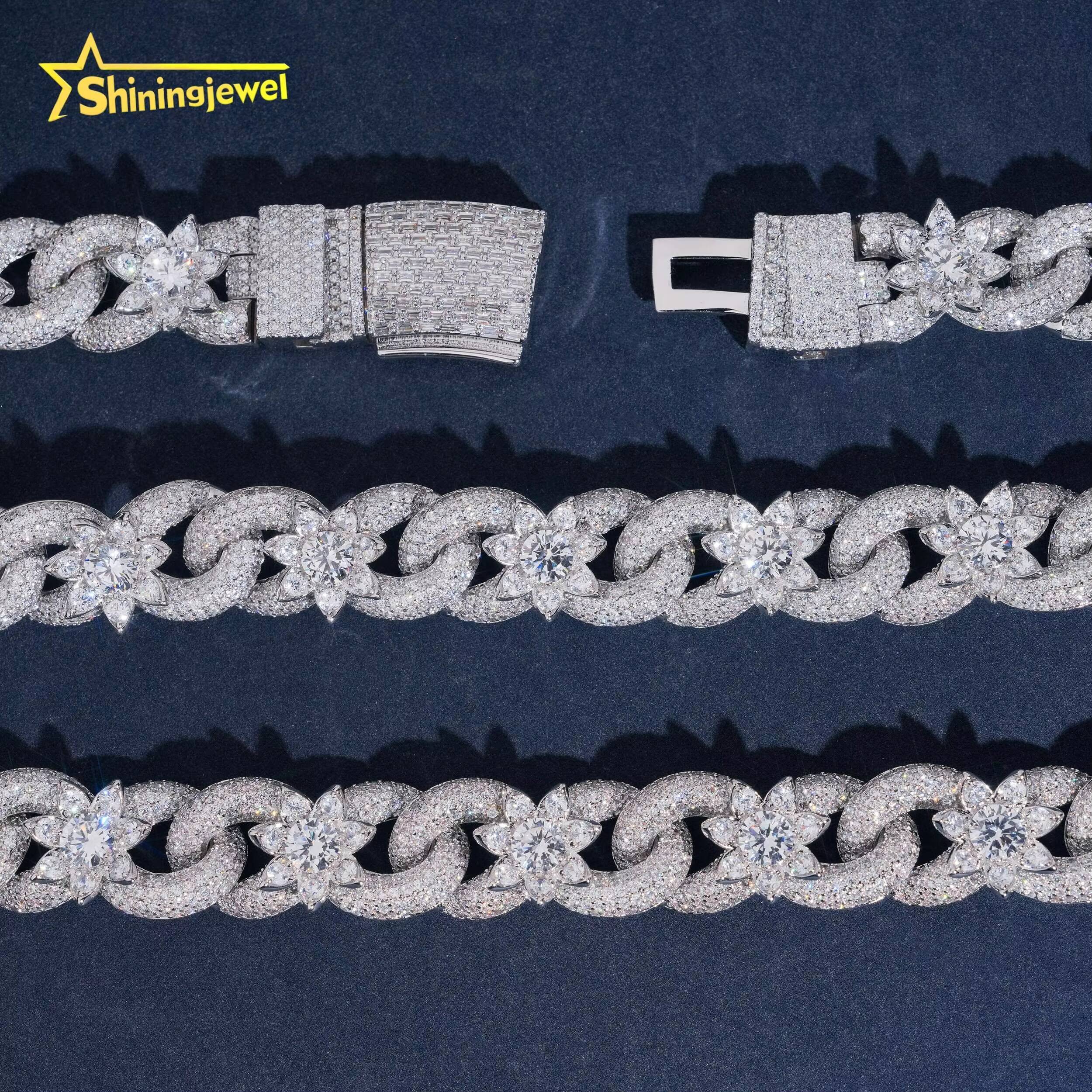 Custom Made Hip Hop Jewelry Bling Fashion Men Necklace 925 Sterling Silver 18MM Flower Moissanite Infinity Cuban Link Chain