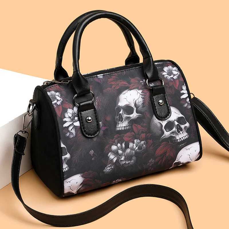 Skull Printed Boston Shoulder Bag Adjustable Strap Women Punk Crossbody Bag Oxford Hobo Bag for Party Festival ShoppingW251028