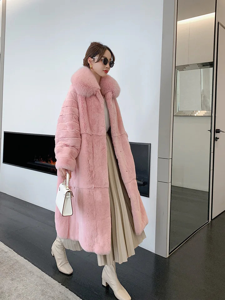 Autumn and Winter Womens Rex Rabbit Fur Water Pink Long Coat Imported Fur Integrated Fox Fur Collar 251027
