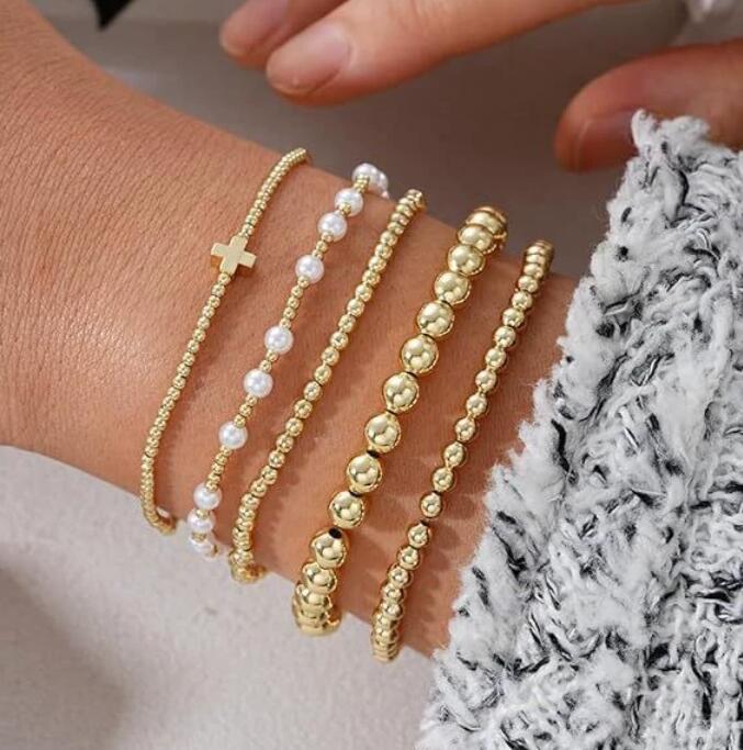 Beaded Women, 14K Real Gold Plated Jewelry Dainty Pearl Bead Bracelets Stack, Non Tarnish Trendy Stackable Ball Cross Stretch Bracelet Set Fashion Accessories om10