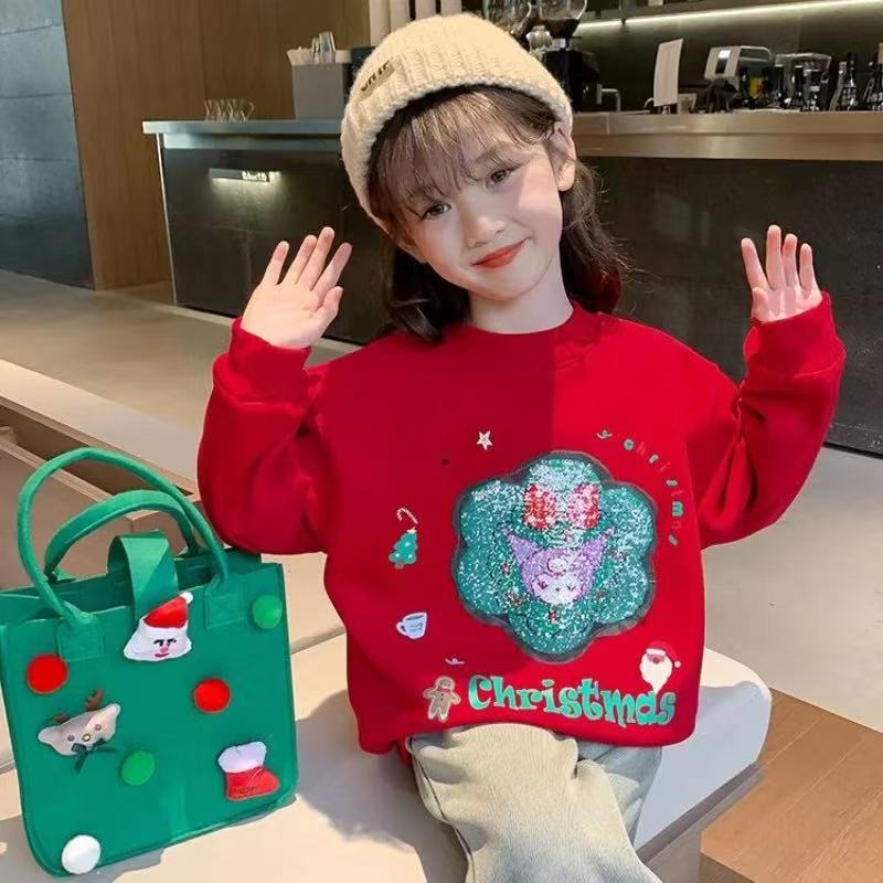 girl Kolumi Christmas red fleece pullover for autumn and winter, new style, girls' clothes with sequins that change color, festive clothes for th