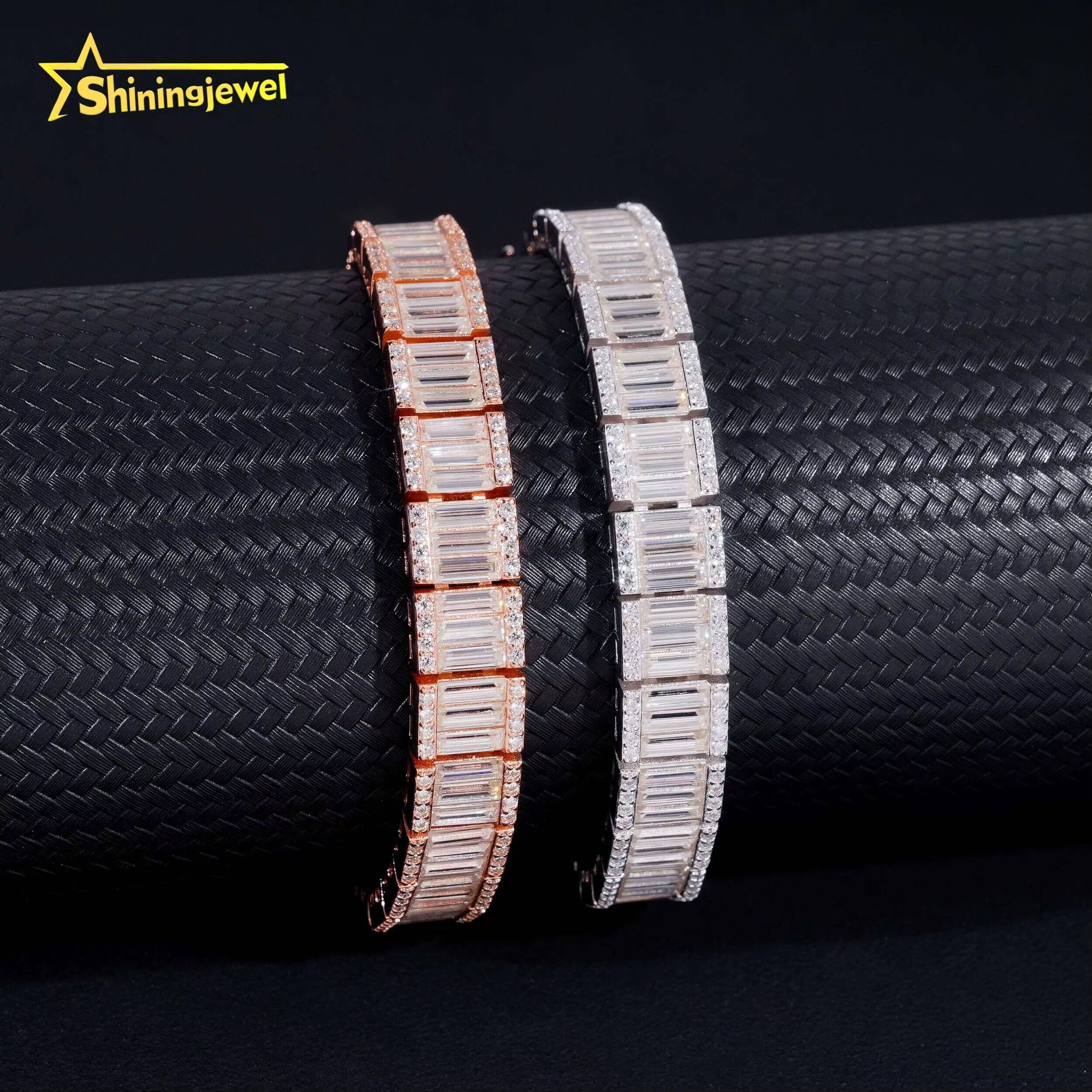 Luxury Jewelry Hip Hop Style 925 Sterling Silver 9mm Width Baguette Diamond Moissanite Tennis Bracelet