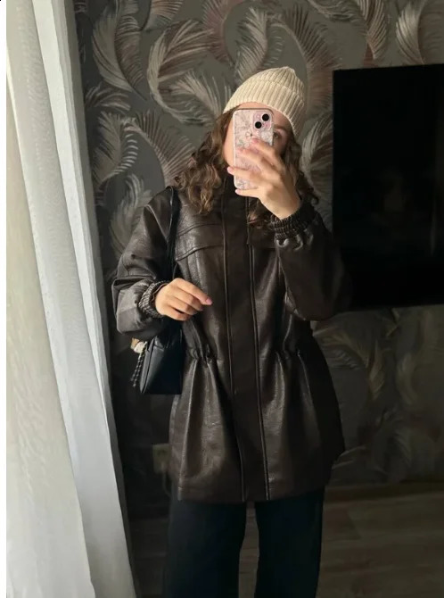 Women Fashion 2025 Fall Autumn Pu Leather Jacket with Elastic adjustable waist Female Coat and Outerwear 251027