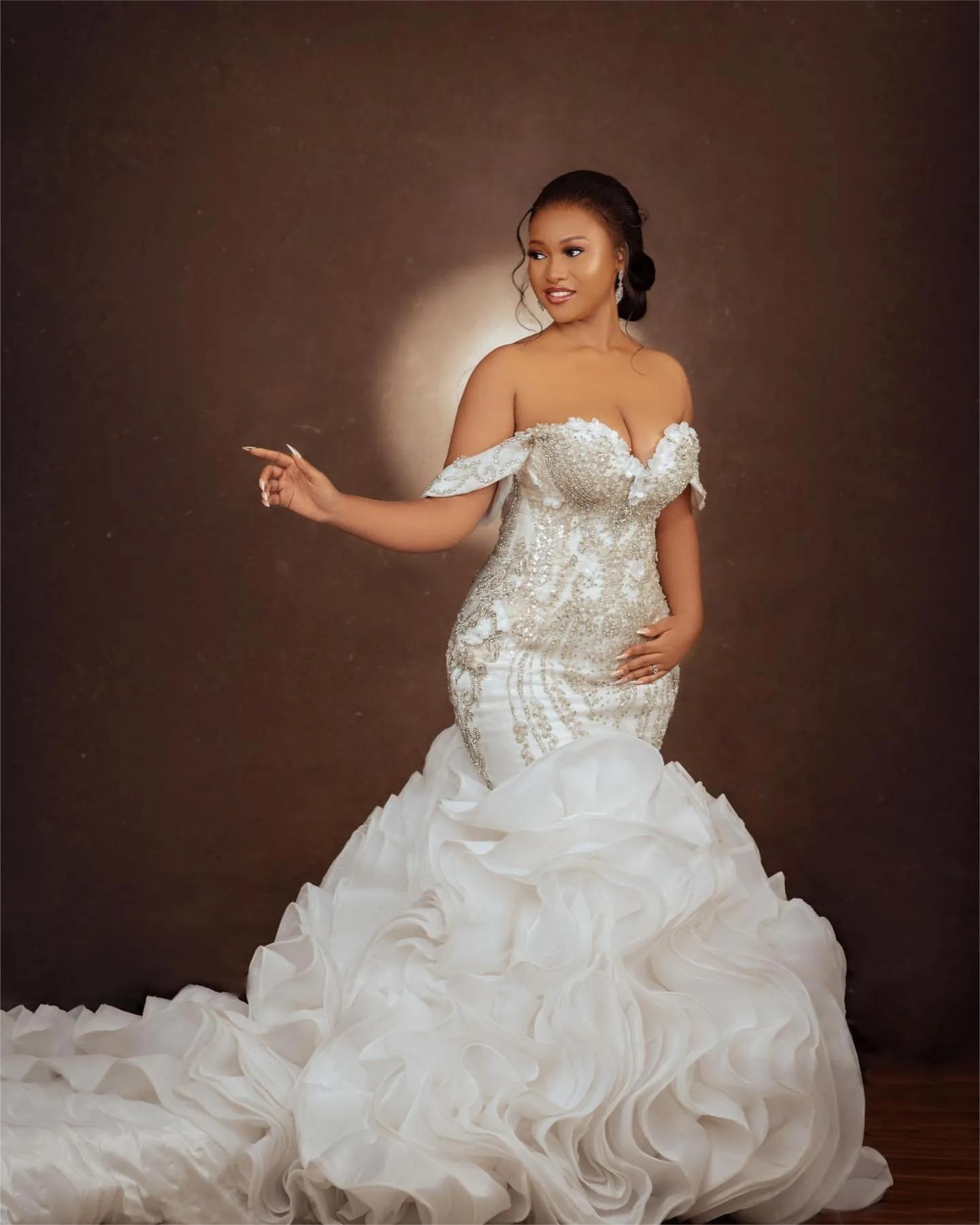 Aso Ebi Mermaid Wedding Dress in Ivory with Florals Beaded Crystals Tiers Satin and Stunning Design