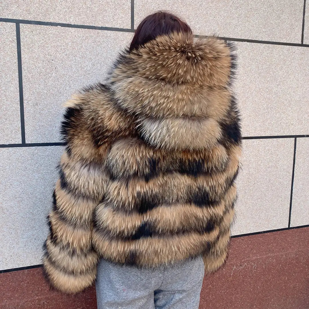 Womens raccoon hooded fur coat and natural fox fur hooded coat winter warm coat fashionable and fluffy 251027