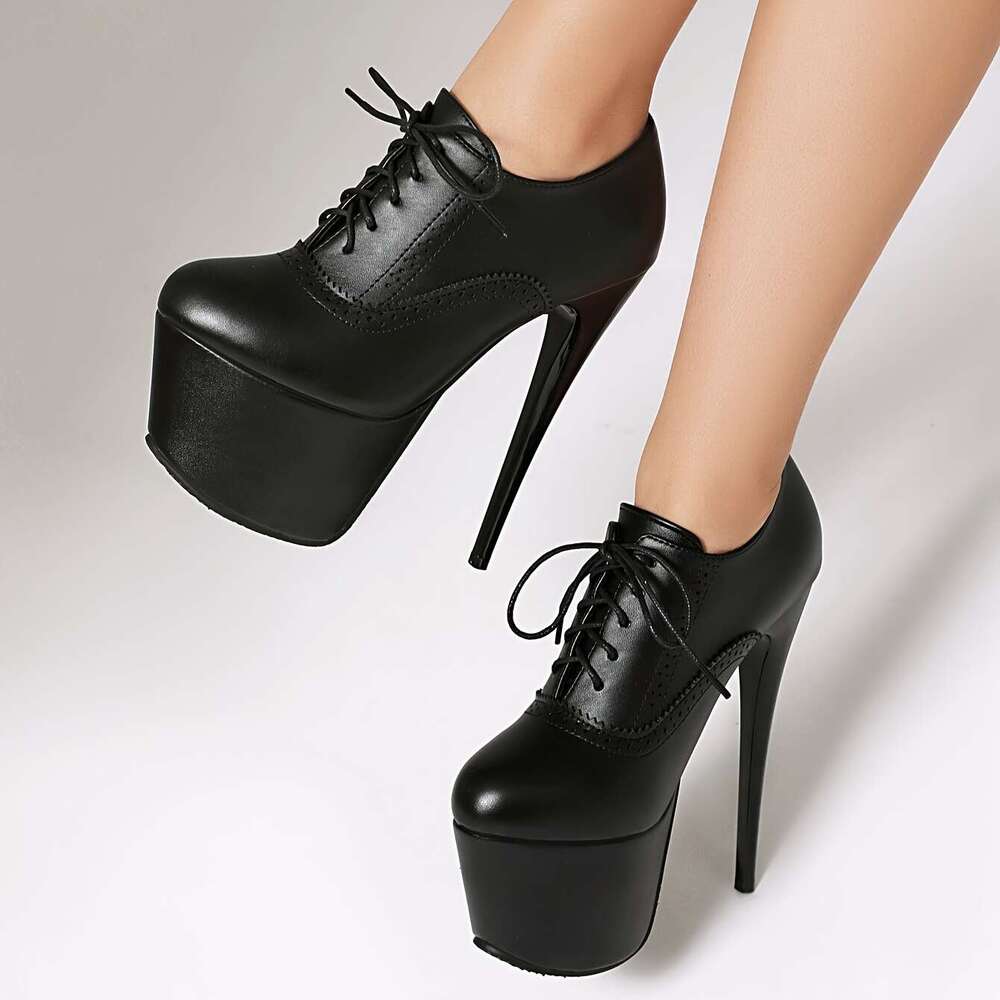 Women's Sexy Black Faux Cover Stiletto Heels - High Platform Lace-Up Pumps With Rubber Sole, Round Toe Design For All Seasons