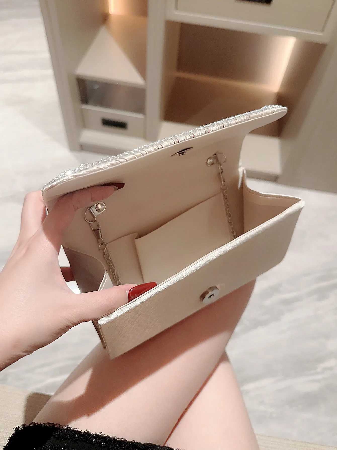 Womens Pleated Satin Flap Evening Bag Sparkling Rhinestone Embellished Clutch Dress Bag Party Bag Prom Bag Wedding Bag Evening H251027