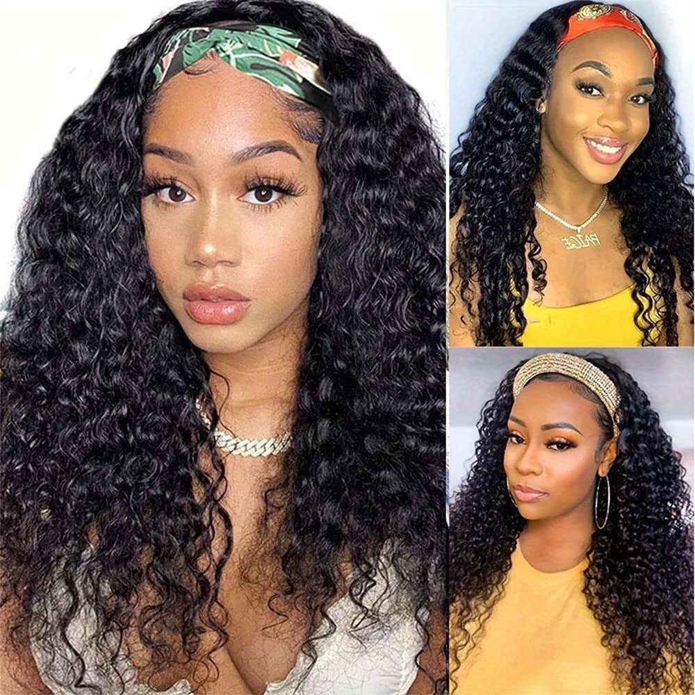 Headband Human Deep For Women Glueless None Lace Front Curly Wave Wig Brazilian Virgin Hair Wear And Go Wigs Hine Made Natural Color