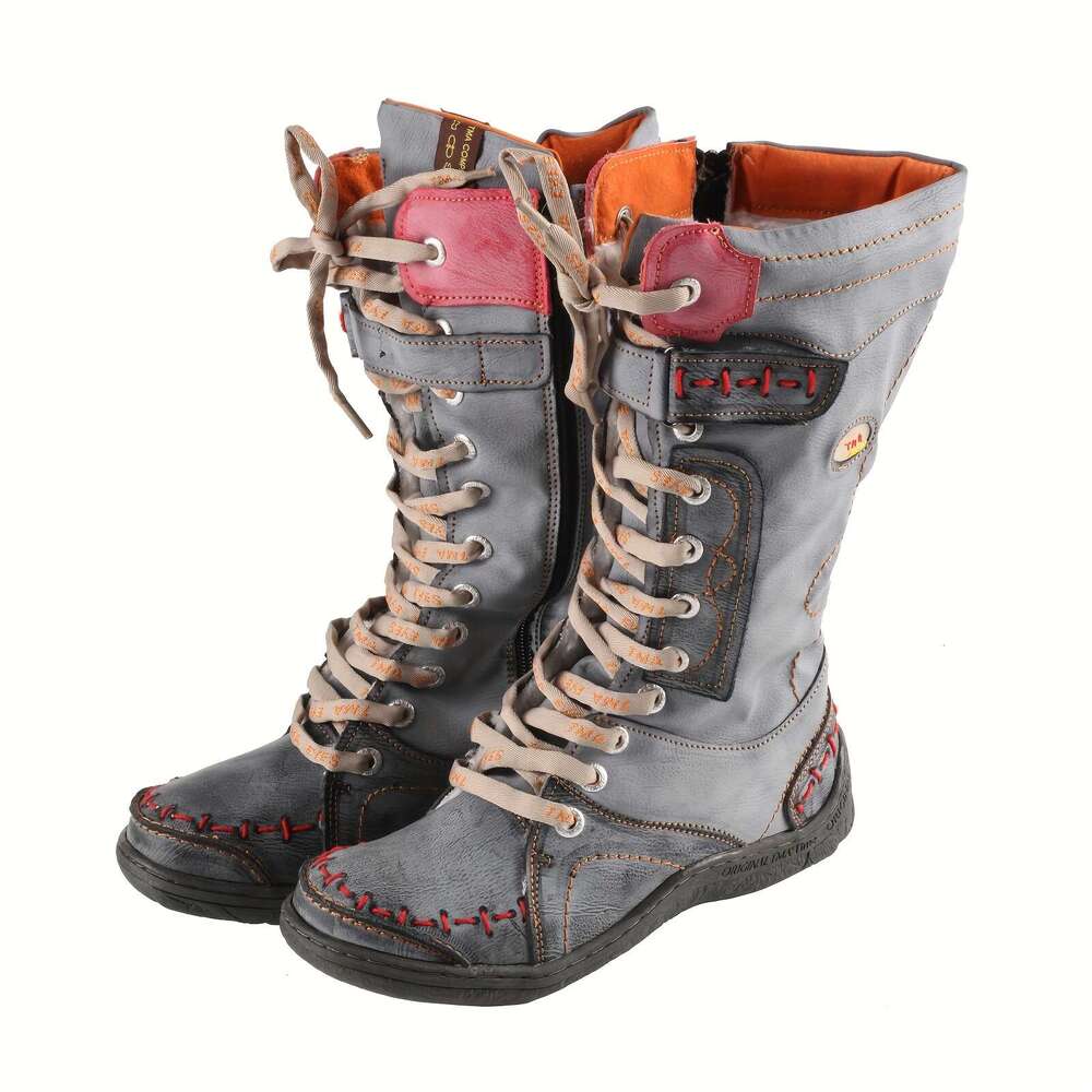TMA EYES MAIA Women's Handmade Genuine/Microfiber Leather Winter -Like, Lace-Up Mid-Calf Round Toe Booties With TPR Sole, Grey/Black/Brown/Red Co