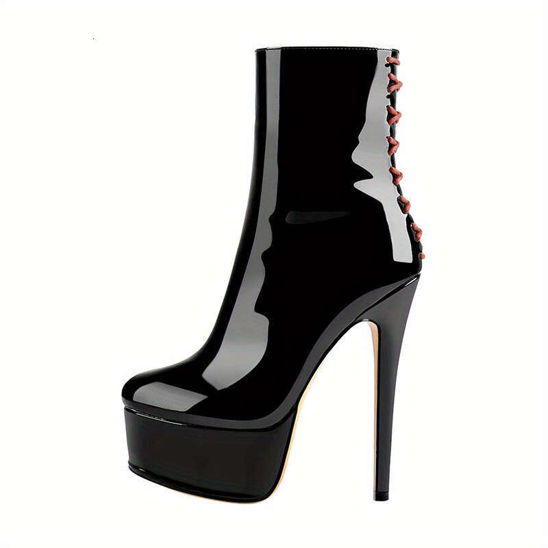 Black High-Heeled Cross Patterned Decorative Short Boots