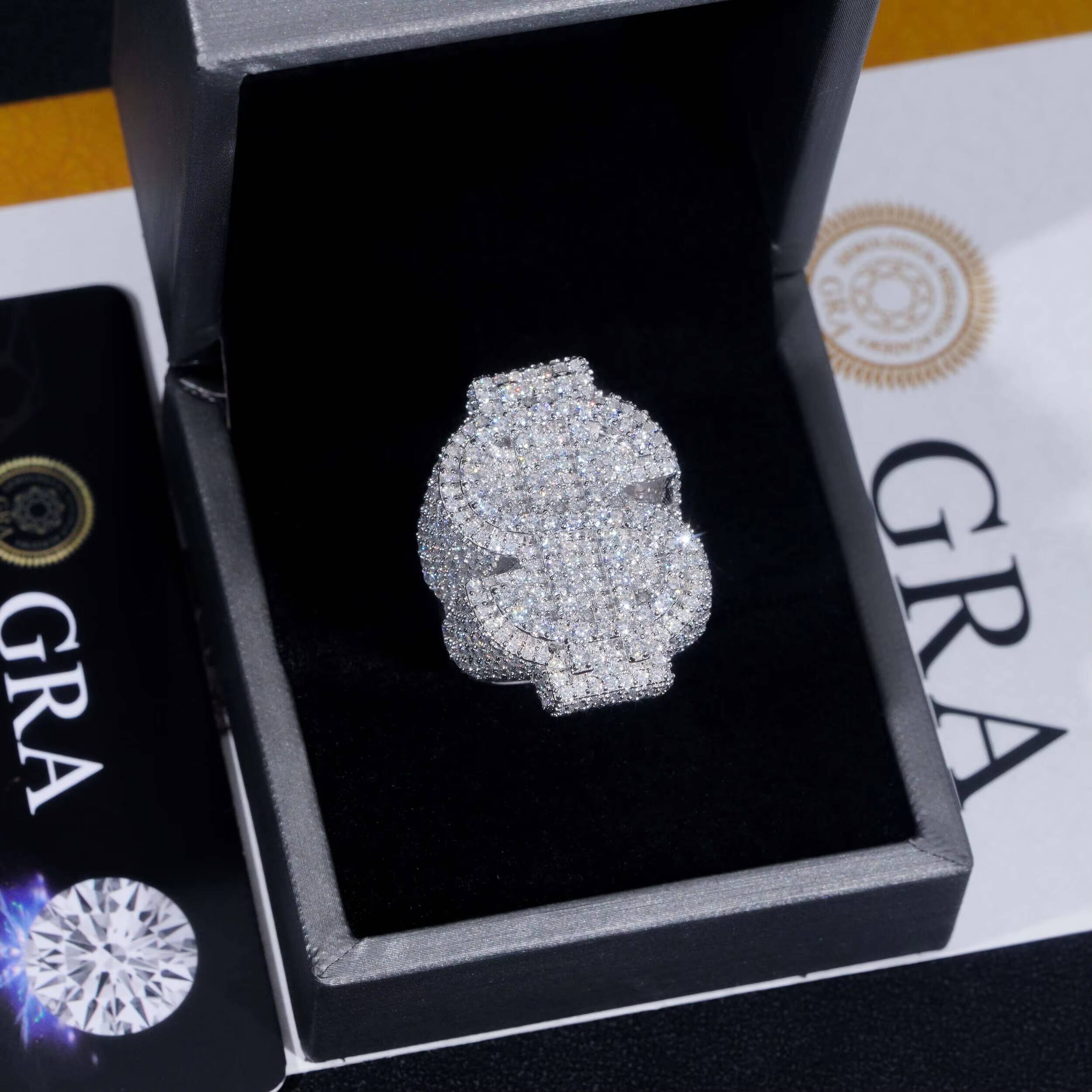 Hot Selling GRA Certificate High Quality 925 Silver Gold Plated Fine Jewelry Iced Out Hip Hop Ring Moissanite Dollar Ring