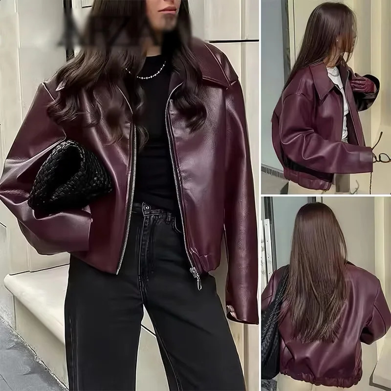 Autumn Women American Style Vintage Solid Bordeaux Red Short Jacket Womens Zipper Long Sleeve Chic Leather Jacket 251027