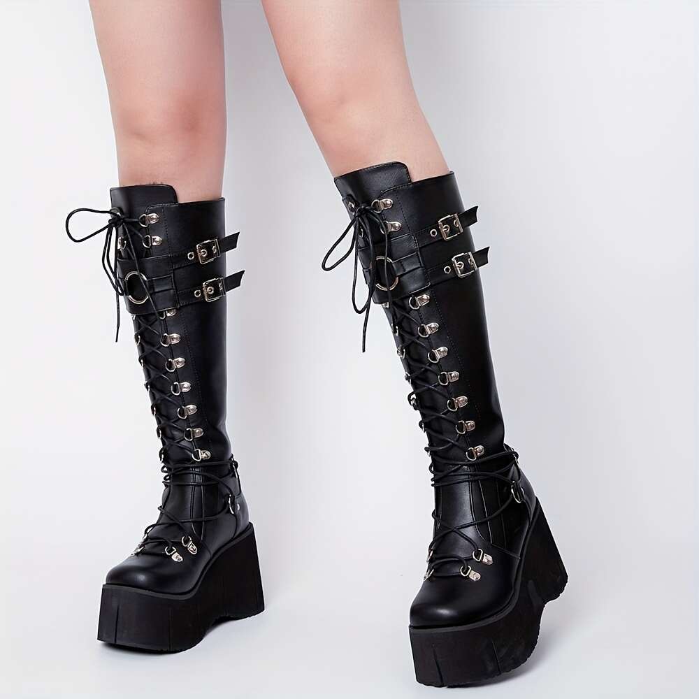 Y2k Gothic Women's Round Toe Lace Up Buckle Straps Metal Eyelet Thick Sole Rock Concert Cosplay Street Combat Boots