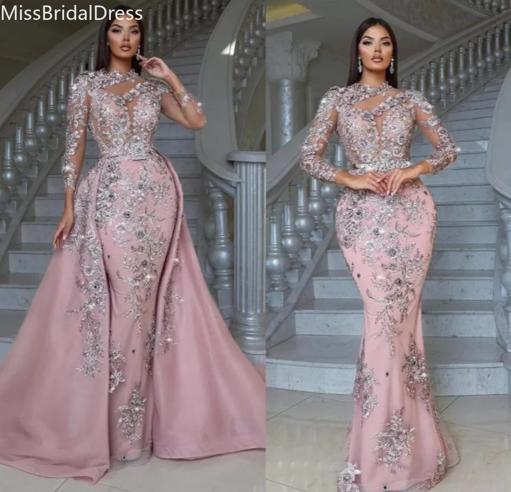 Luxurious Silver Lace Beaded Mermaid Prom Dresses Appliques Evening Party Gowns Full Sleeves Detchable Train Pink Special occasion Dress Vestidos de g