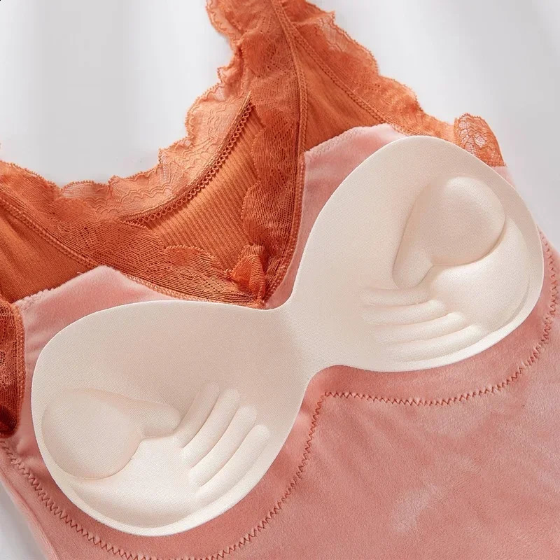 4090 Kg Plus Size Thermal Underwear Female Velvet Lace Vneck Sexy Slim Warm Vest Camisole Cotton Tank Tops 251027