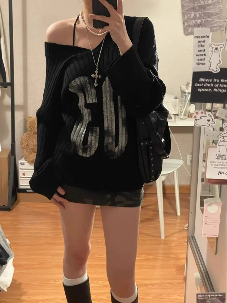 Fashion Letter Print Knitted Pullover Off Shoulder Sweaters Mujer 2025 Early Autumn Black Top Women Academia American 251027