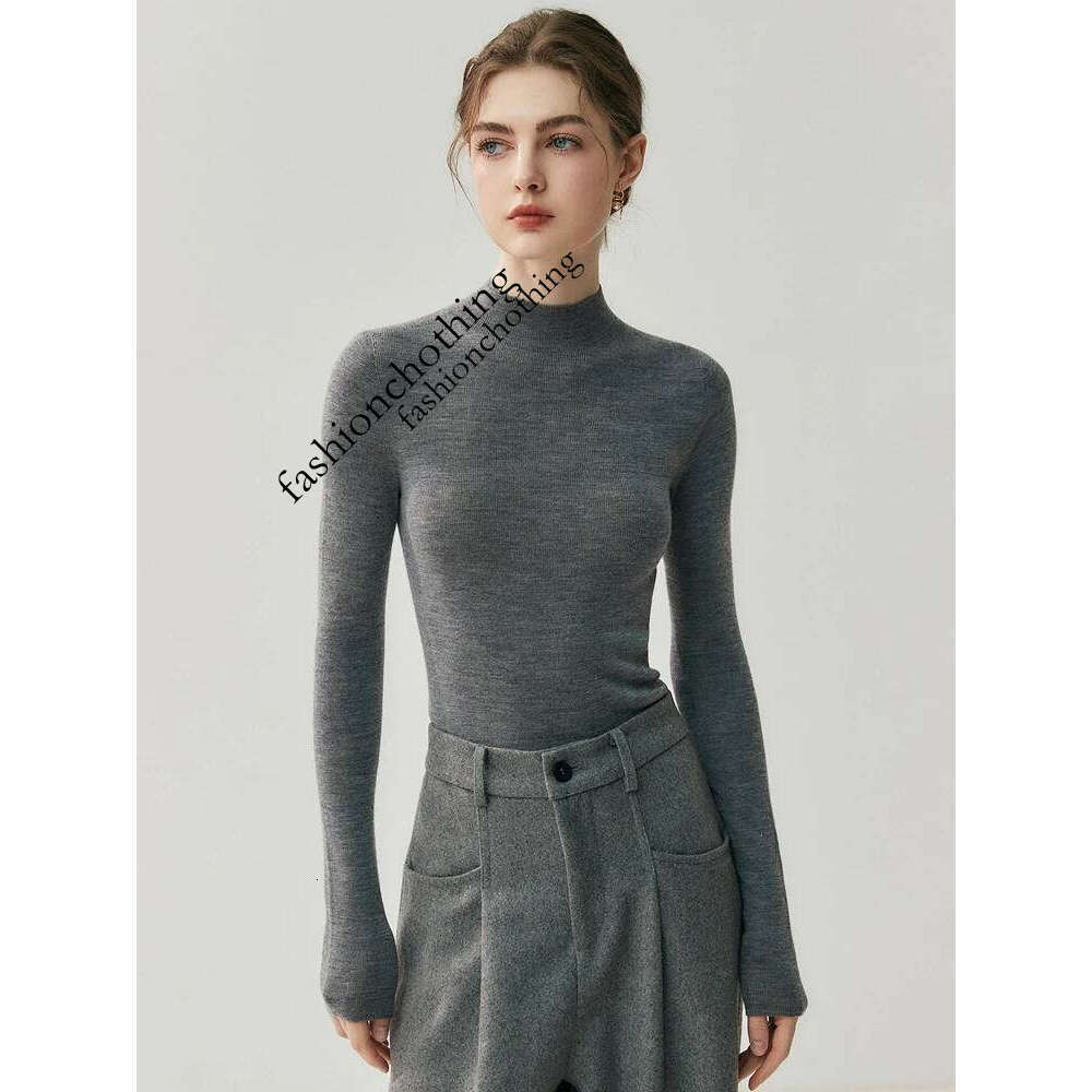 Hine Washable Women 100% Wool Sweater Mock Neck Slim Basic Pullover 18-Thread Worsted Cashmere KnitwearAutumn Winter