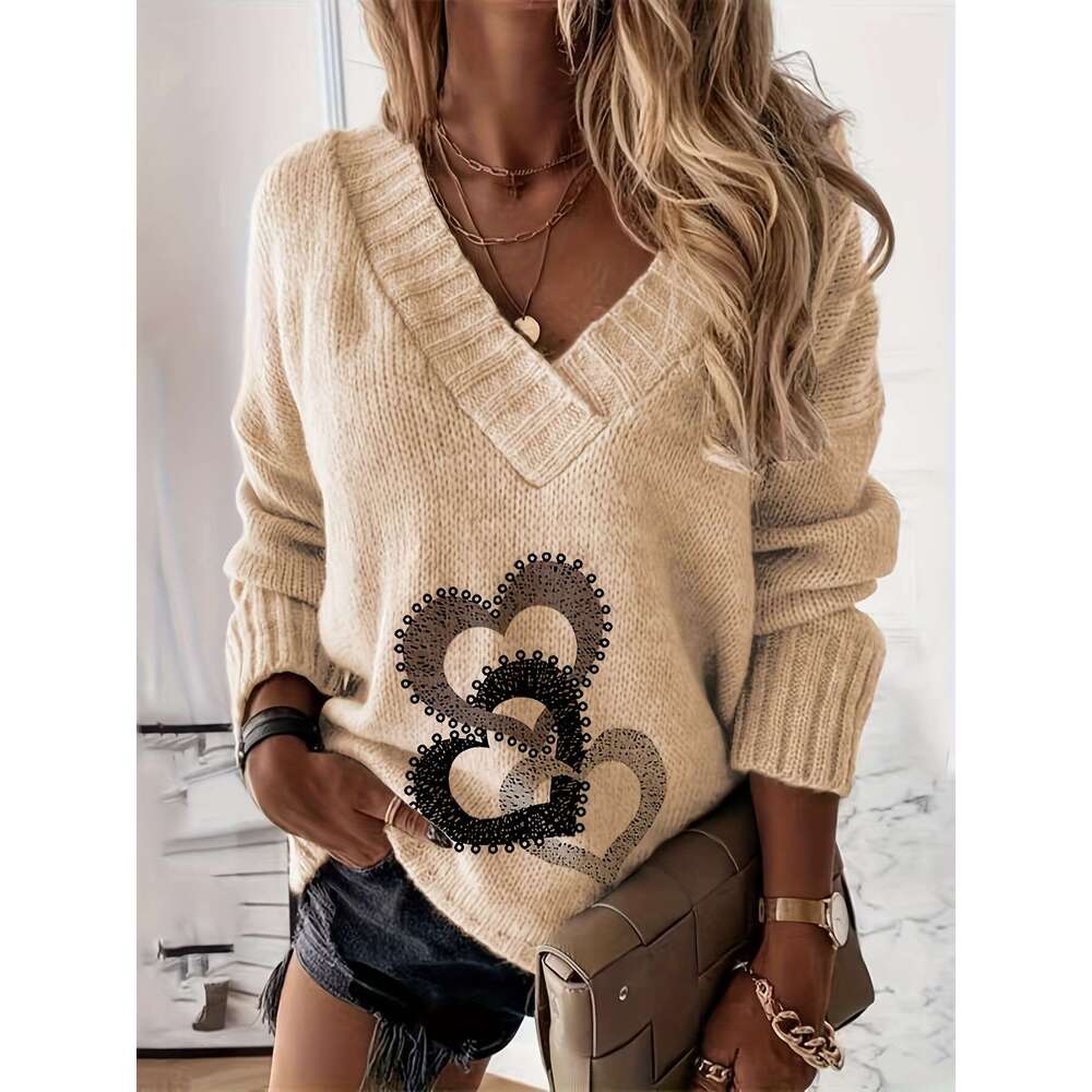 Women's V-Neck Print Sweater - Cozy Pullover With Contrast Trim, Medium Stretch & Relaxed Fit For Fall Winter Casual Wear, Cute Sweater, Playful 