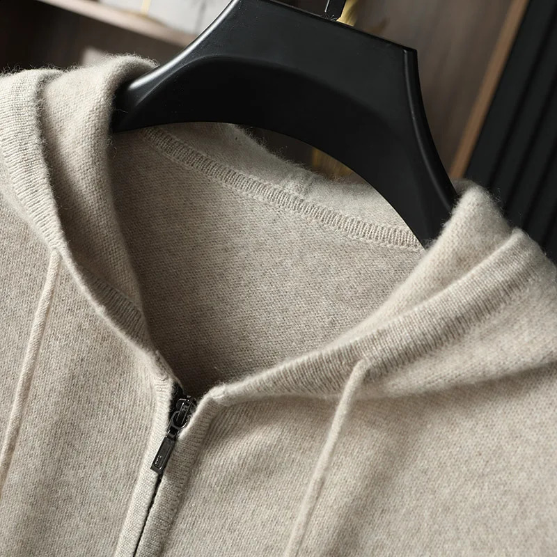 Youth Casual 100 Pure Cashmere Mens Fashion Hooded Sweatshirt Loose Knitted Cardigan Sports Top Jacket 251017