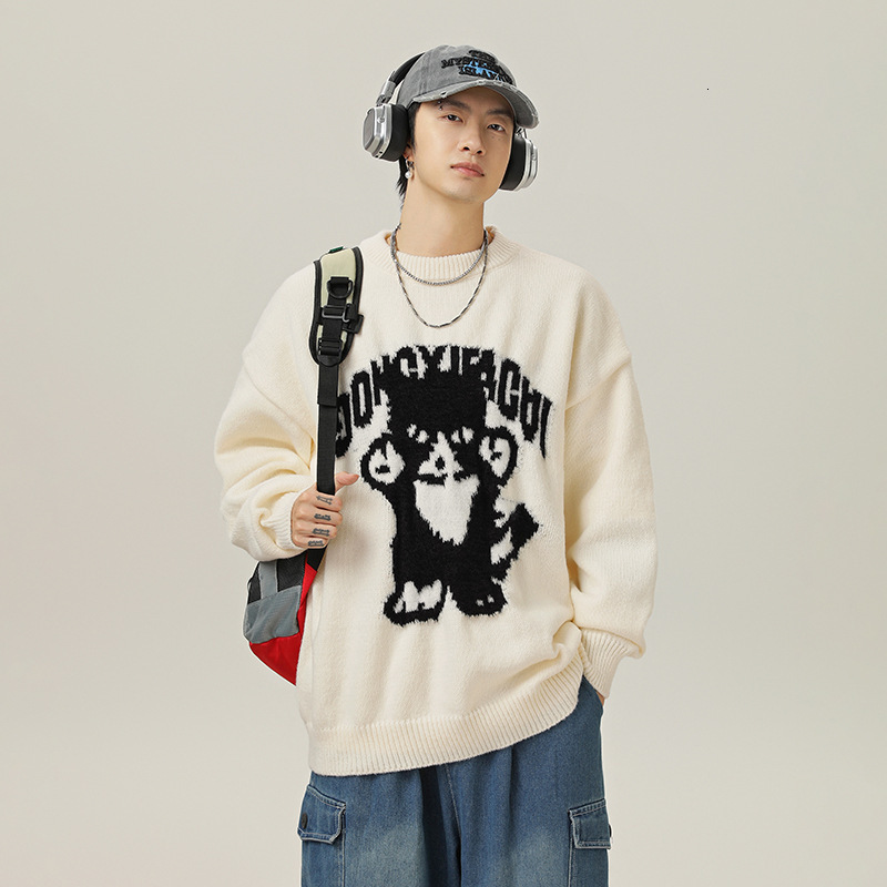 Cartoon Hand-painted Imitation Mink Round Neck Sweater Designer Sweater Men Autumn Winter New Three-dimensional Jacquard Trendy Brand Loose Knitwear C