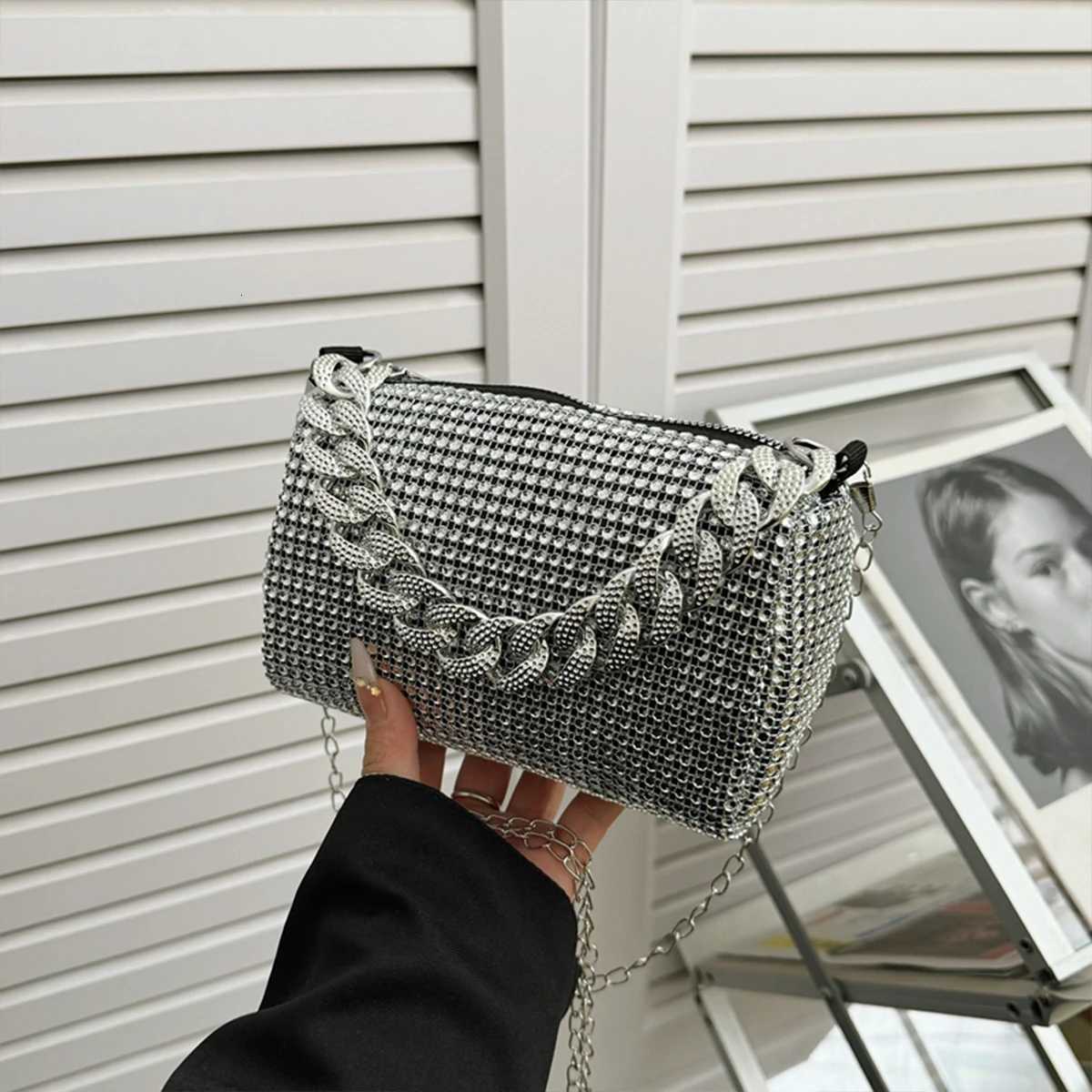 Glamorous Evening Bag Shoulder Handbag for Women Shiny Rhinestone Chain Handle PVC Materialfor Party Gala Formal EventsW251028