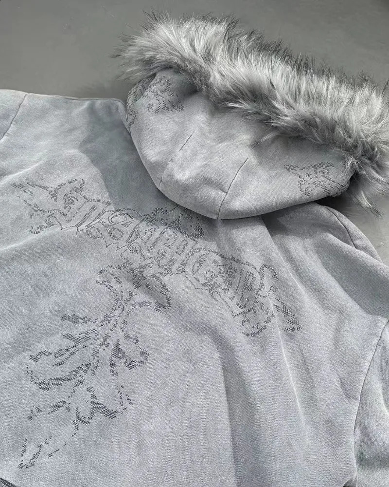 American high street gray cross fluff women men hoodie Y2K personality fashion casual top clothing oversized loose sweatshirt 251027