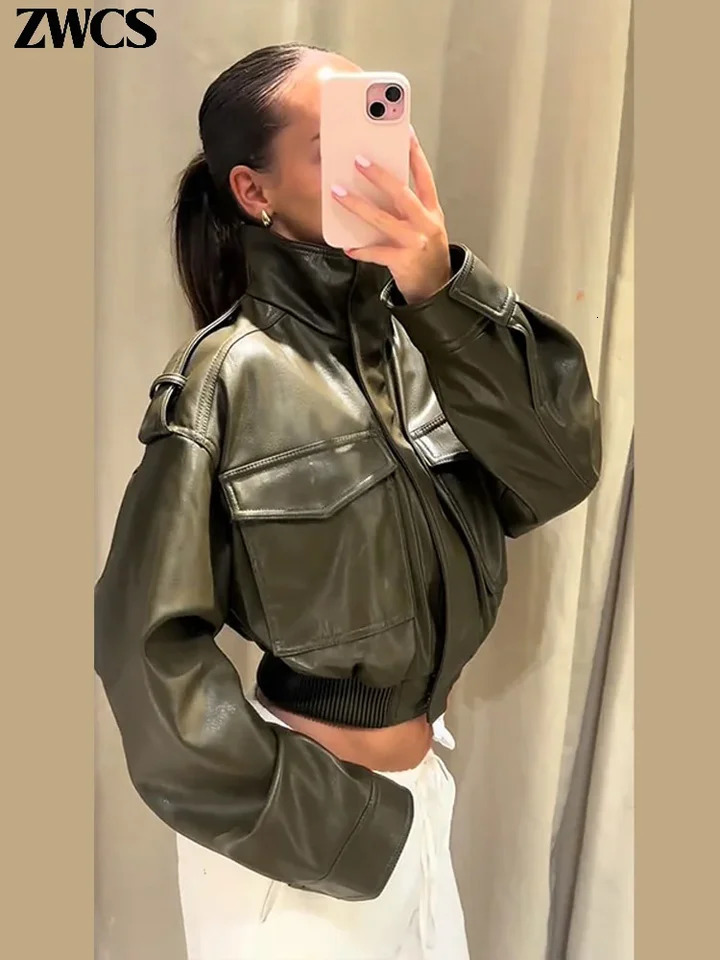 Vintage Zippers Short Leather Jackets Womens Casual Lapel Button Pockets Full Sleeve Coat 2025 Autumn Lady Chic Streetwear 251029