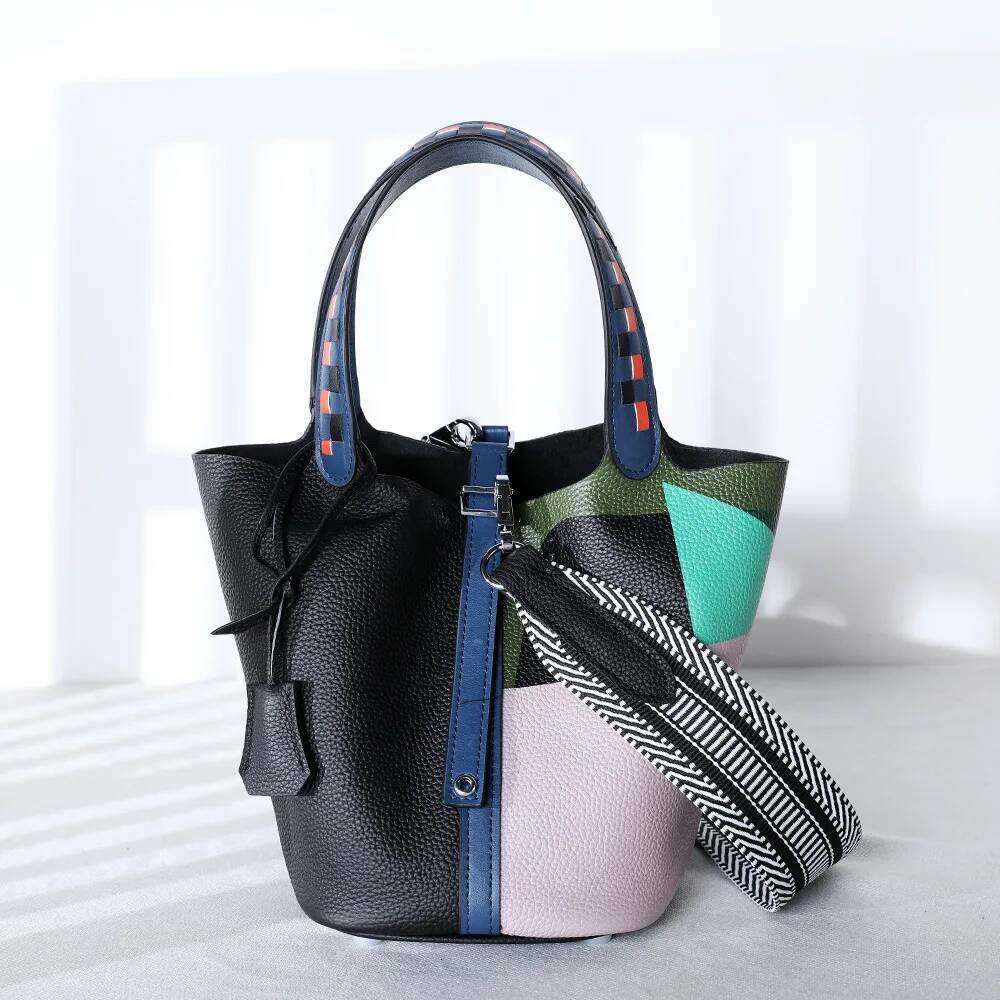 and Handbags for Women, Painted Vegetable Basket, Handbag with Adjustable Shoulder Strap, Genuine Leather Bucket Bag