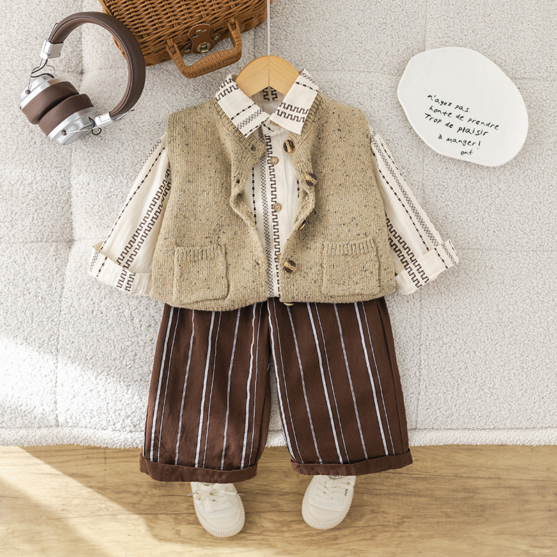 2025 Boys Spring Clothing Set, Korean Style Forest Print 3-Piece Outfit, Straight Leg Pants and Shirt for Toddler