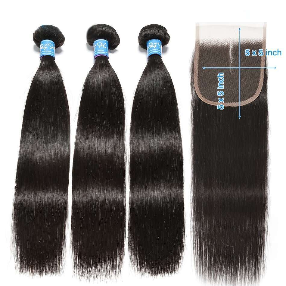 3 12A 100% Unprocessed Peruvian Virgin Human Weave - Bone Straight 5X5 HD Transparent Lace Closure, Natural Black Free Part For, Versatile Styling Sty