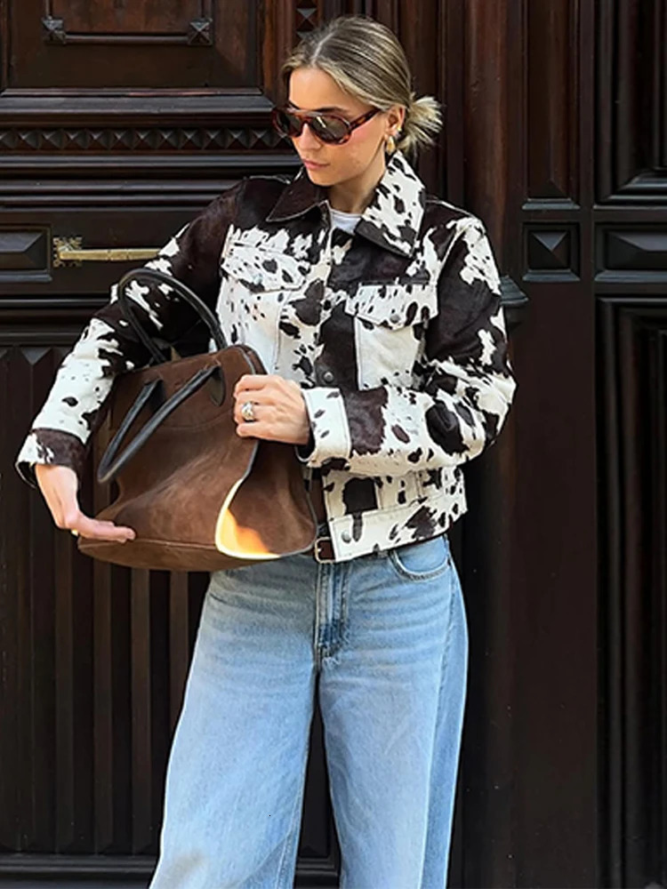 Fashion Womens Cow Print Jacket Lapel Collar Short Length Zipper Button Coats 2025 Autumn Winter Female Trendy Warm Outerwear 251028 - view 6