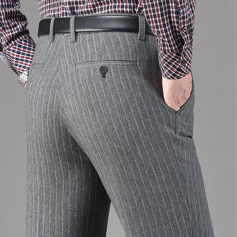Vintage Autumn Winter Thicken Wool Fleece Suit Pants Men Middle Age High Waist Straight Loose Business Casual Trousers 251027
