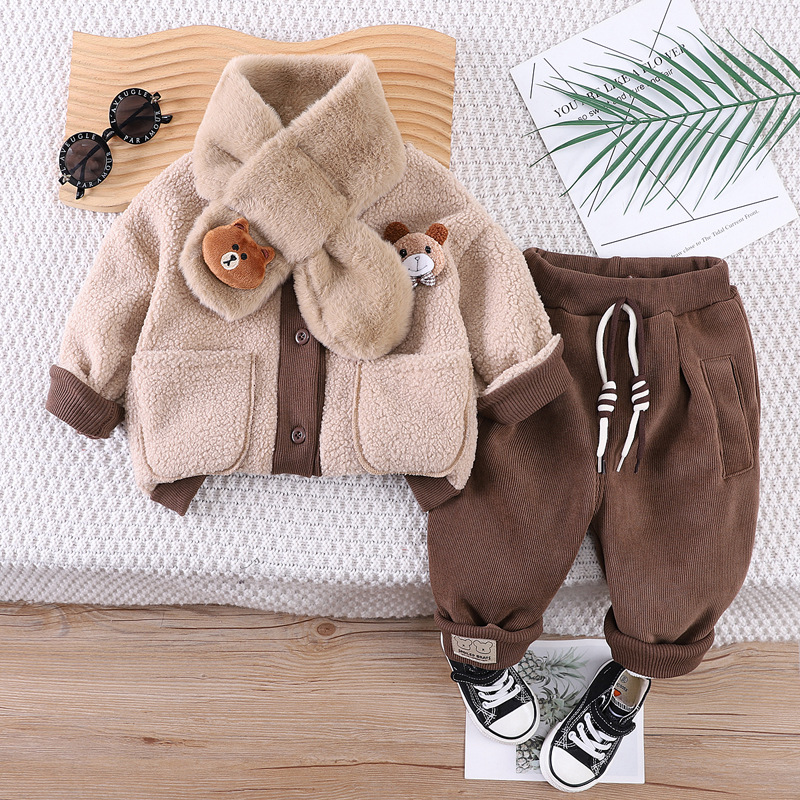 Kids Clothing 2025 Baby Boy Winter Outfit, Fleece-Lined Bear Print 2-Piece Set with Scarf, Warm Animal Themed Clothes for Infant