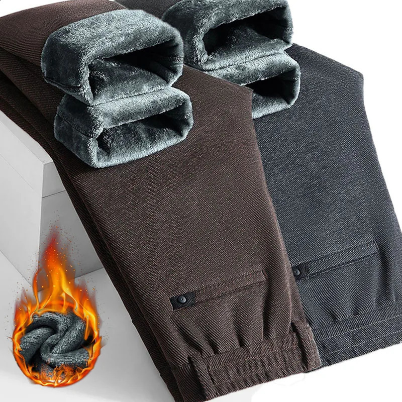 Winter Fleece Thick Casual Pants Mens Business Slim Fit Versatile Classic Trousers Medium Elasticity Formal Wear Wash 251027