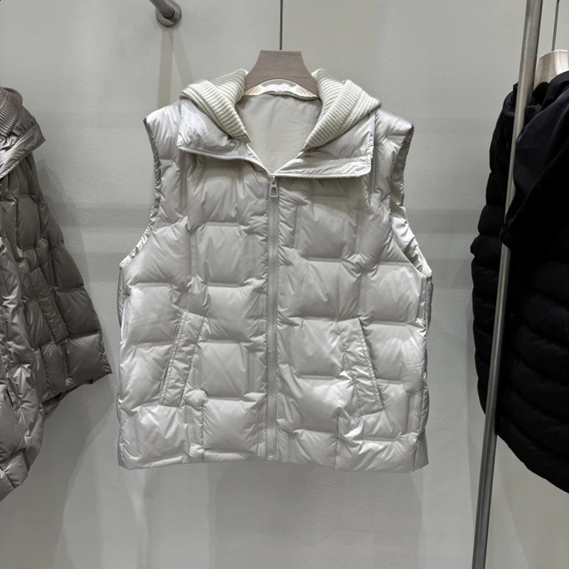 Autumn Winter Hooded Knitted Splicing Down Vest Women White Duck Down Sleeveless Warm Vest Tops Female Zipper Waistcoat Outwears 251027
