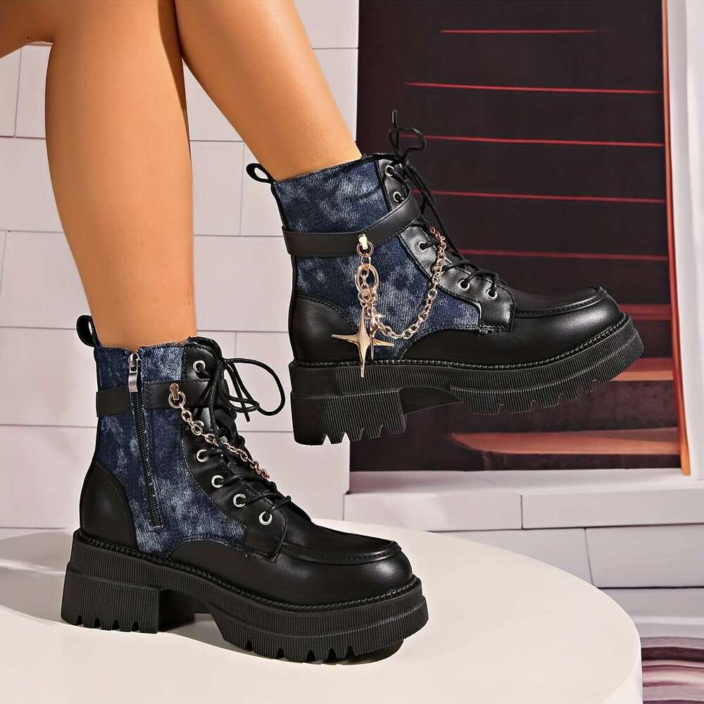 Women's Chunky Ankle Boots With Metallic Chain & Star Accent - Thick Platform Heel, Round Toe, Zipper Closure, Synthetic Cover Upper